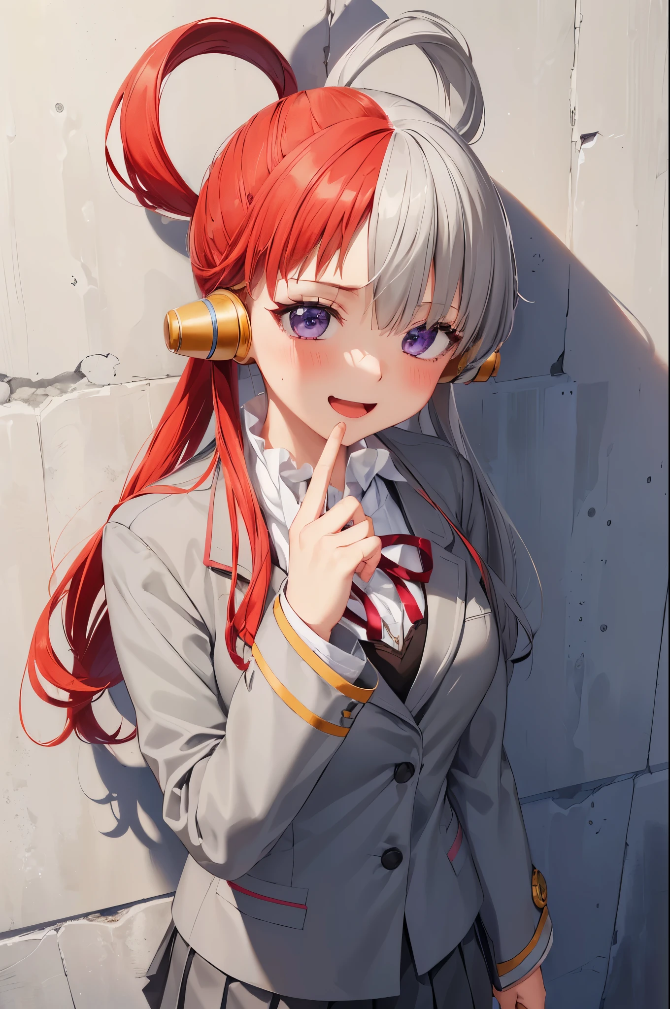one piece, Song, Red and white hair, (alone:1.3), (one girl:1.3), (Gray blazer:1.3), (Long-sleeved uniforms:1.3), (Gray pleated skirt:1.3), medium-sized chest, blush, smile, open your mouth, highly detailed eyes, highly detailed fingers, super precise hands, (School:1.3), (wall don:1.3), extreme close up