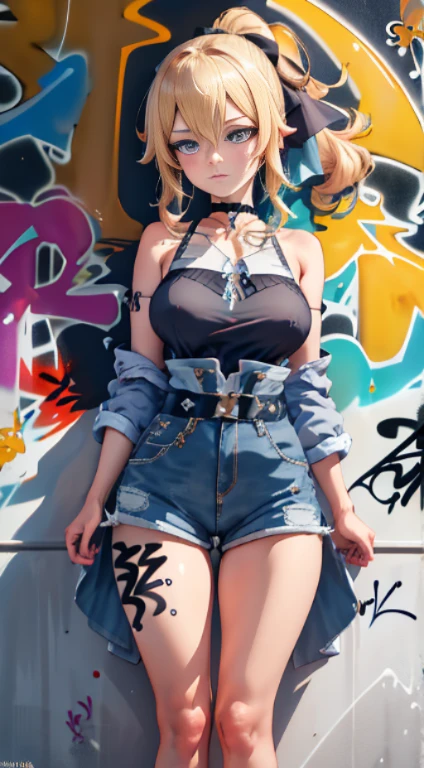 Jean Genshin Effect, master-piece, bestquality, 1girls,25 years old, shorts jeans, oversized breasts, ,bara, crop top, shorts jeans, choker, (Graffiti:1.5), Splash with purple lightning pattern., arm behind back, against wall, View viewers from the front., Thigh strap, Head tilt, bored, water eyes,