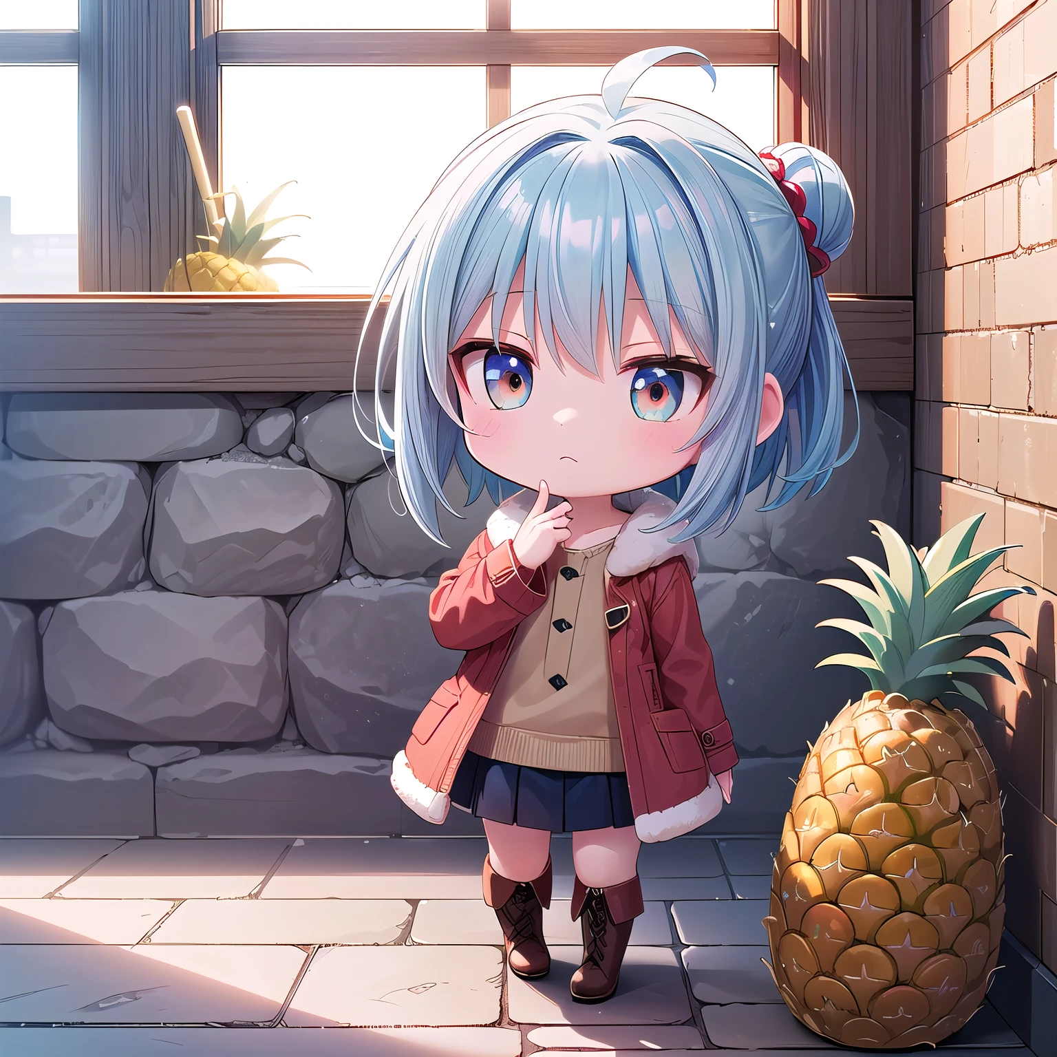 ((Chibi, miniature, REAL, pineapple, 3DCG, Nendoroid, 1 girl: 1.3)) ,(Masterpiece, almond-shaped eyes, glossy white-blue hair, short chignon hair, top quality, carefully drawn fingertips, beautiful anatomy : 1.4), (full body: 1.3), (Red cheeks, indifference, no expression, hair blowing in the wind: 1.2), (Slim and warm clothes, warm denim coat,warm drape skirt,short boots,Fluffy one piece,Celebrity Lifestyle: 1.2), (pineapple building,bed,stone wall,Window,stone floor:1.3) 