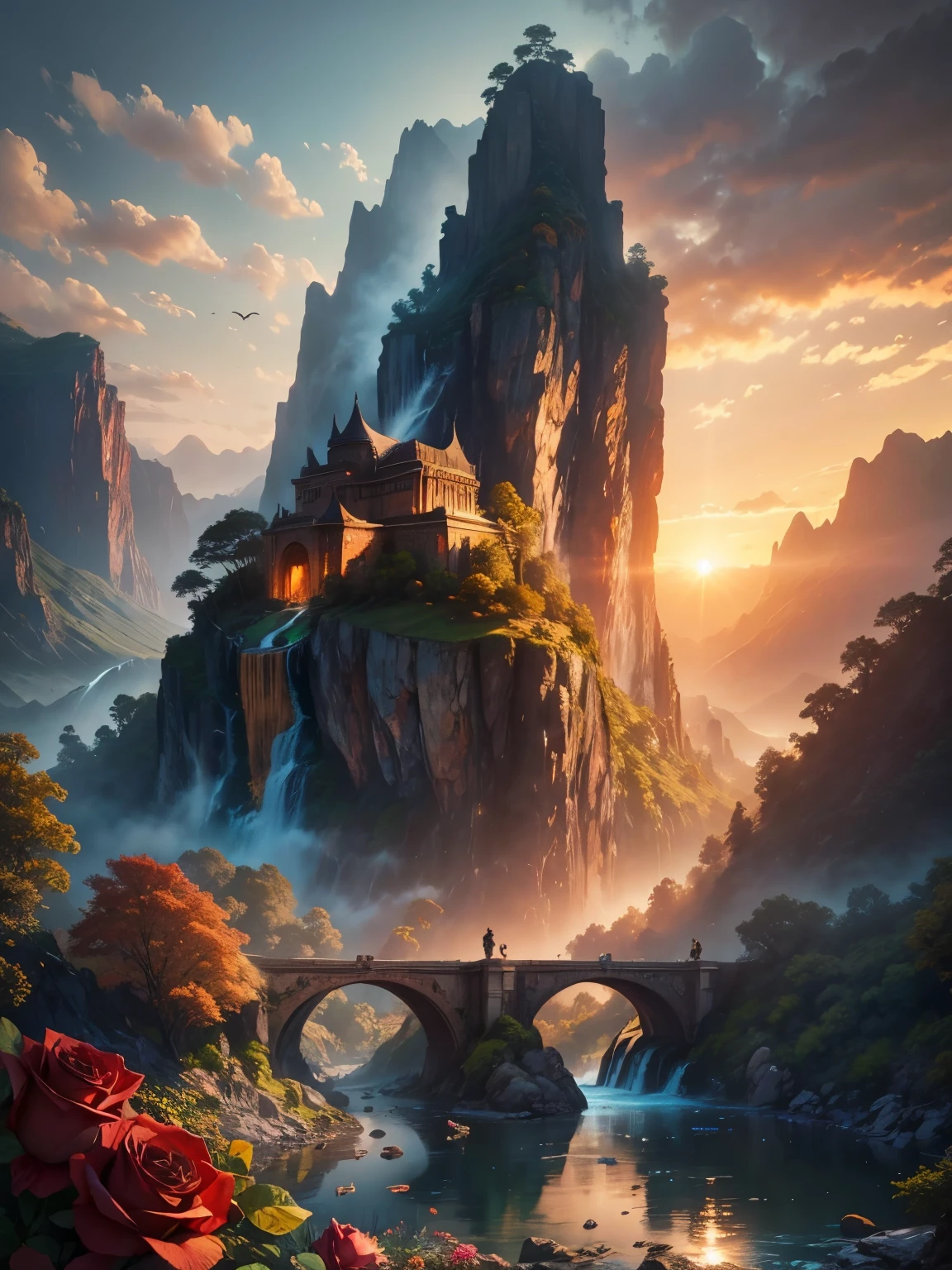 There is a large waterfall in the middle of a mountain, ((ancient city embedded in rock)), epic matte painting of an island, the lost city in the jungle, an Aztec city on an island lake, intricate and beautiful concept art, highly realistic concept art oil painting style, (((masterpiece))), high quality, extremely detailed CG unity 8k wallpaper, landscapes, outdoors, sky, cloud, nobody, mountain, landscape, water, tree, sunset sky with red and orange clouds, cliff waterfall, nature, lake, river, cloudy sky, award-winning photography, bokeh, depth of field, HDR, bloom, chromatic aberration, trending on artstation, trending on CGsociety, intricate, dramatic, midway art , high waterfall, painting of a river with rocks and trees in the foreground, near a river, jungle, crystal clear water, night light, evening sun behind red clouds with divergent sun rays, colorful, river with rocks, rock bridge , epic, fantasy, ((roses and flowers on the banks of the pond)), ((oil painting)), ((bridge rock))