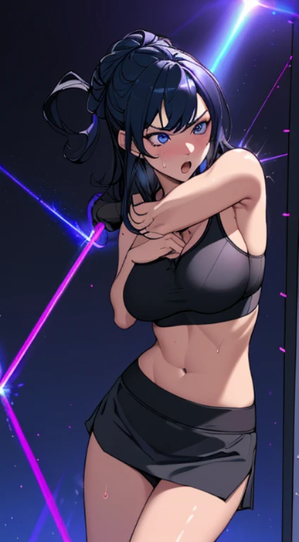 top-quality、Top image quality、​masterpiece、girl with((cute little、18year old、Best Bust、Medium bust、Bust 85,Beautiful blue eyes、Breasts wide open,Long Black Hair、A slender、Middle knot、Black Sports Bra、White short skirt,Reflecting the whole body、Black perforated gloves、Sweating、Straight punch、Splattering sweat)）hiquality、Beautiful Art、Background with((clubhouse、Blue lighting、Purple Laser Illumination、Red laser illumination,Yellow laser illumination,fitness club、natta、Virtual Worlds)),masutepiece、Elaborate design、visualart、depth of fields、The best lighting、highestdetailed、8ｋ,Super delicate