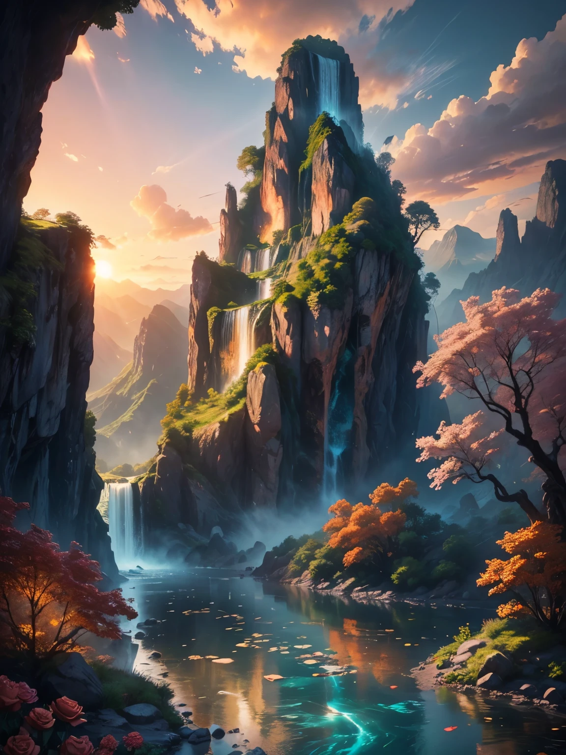 There is a large waterfall in the middle of a mountain, ((ancient city embedded in rock)), epic matte painting of an island, the lost city in the jungle, an Aztec city on an island lake, intricate and beautiful concept art, highly realistic concept art oil painting style, (((masterpiece))), high quality, extremely detailed CG unity 8k wallpaper, landscapes, outdoors, sky, cloud, nobody, mountain, landscape, water, tree, sunset sky with red and orange clouds, cliff waterfall, nature, lake, river, cloudy sky, award-winning photography, bokeh, depth of field, HDR, bloom, chromatic aberration, trending on artstation, trending on CGsociety, intricate, dramatic, midway art , high waterfall, painting of a river with rocks and trees in the foreground, near a river, jungle, crystal clear water, night light, evening sun behind red clouds with divergent sun rays, colorful, river with rocks, rock bridge , epic, fantasy, ((roses and flowers on the banks of the pond)), ((oil painting)), ((bridge rock))