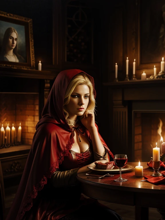 A red riding hood, blonde, sad, fireplace, dining table, bloody steak, candles, red wine, illustrations, high quality, ultra-detailed, photo-realistic, vivid colors, portraits, warm color tone, soft lighting.