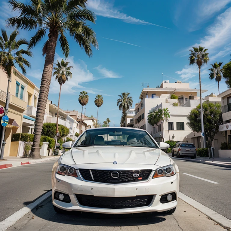 A Movie Poster of a white car parked in the street of Beverly Hills on a sunny day, with palm trees in the back. 