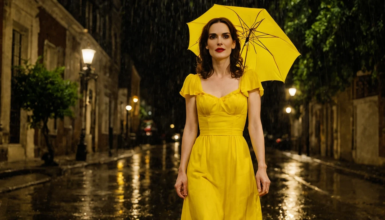 Uma jovem garota da cidade (Winona Ryder), with a long lemon yellow dress, caminhando ruas da cidade a noite, It&o39;It&#39;s raining and there&39;There&#39;s beautiful moonlight in the sky.