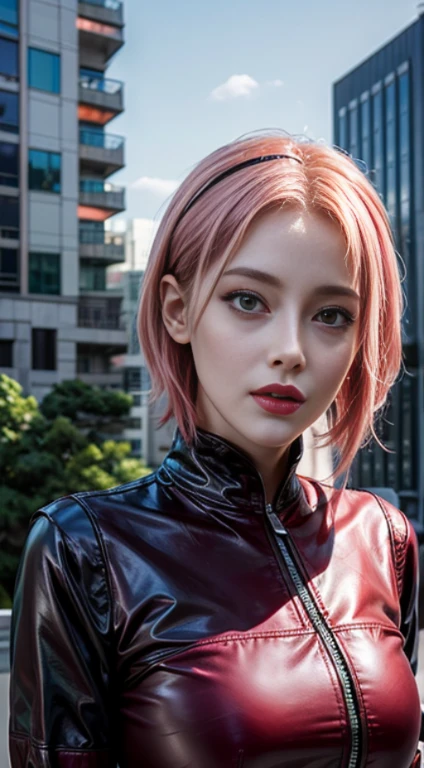 Young woman, porcelain skin, short pink hair, heart-shaped face, wide forehead, thin pink eyebrows, big jade green eyes, long eyelashes, buttoned nose, peach lips, red leather dress, Sakura Haruno, 3d, realistic, realism, high focus, details, futuristic city, future, buildings, night