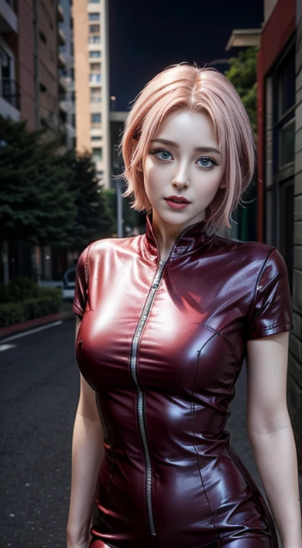 Young woman, porcelain skin, short pink hair, heart-shaped face, wide forehead, thin pink eyebrows, big jade green eyes, long eyelashes, buttoned nose, peach lips, red leather dress, Sakura Haruno, 3d, realistic, realism, high focus, details, futuristic city, future, buildings, night