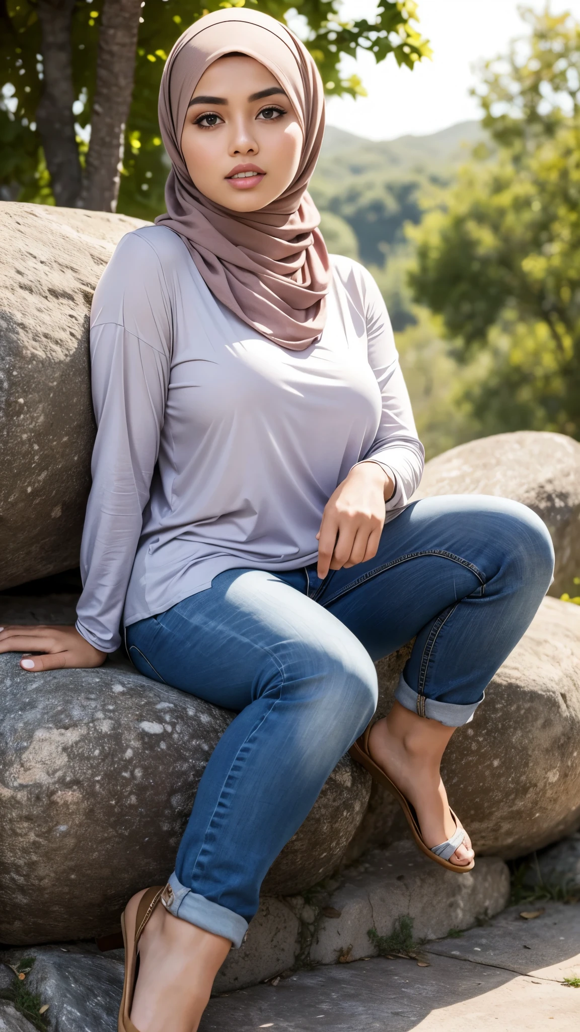 RAW, Best quality, high resolution, masterpiece: 1.3), beautiful Malay woman in hijab :0.8), beautifull face, perfect fit body, big eyes, glossy lips,big breast, muslim woman sitting on a stone ledge with her arms up, casual pose, blouse, baggy jeans, casual clothing style, hijab, casual modern clothing,beutifull girls, beutifull face, perfect lighting