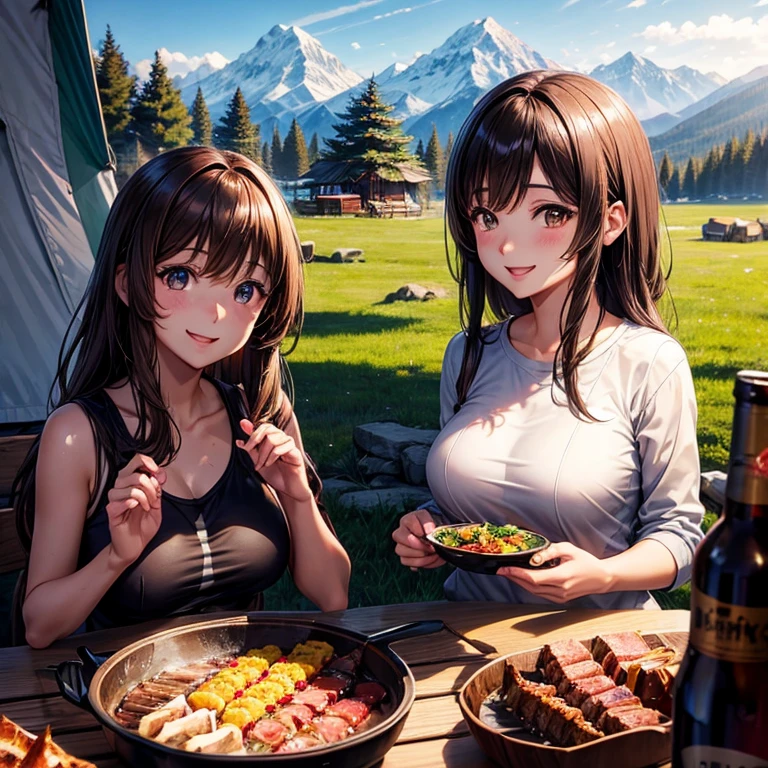 anime、beautiful girl、brown hair、black eyes shine、Asahi、Mountain、camp、tent、barbecue、special smile、beautiful breasts