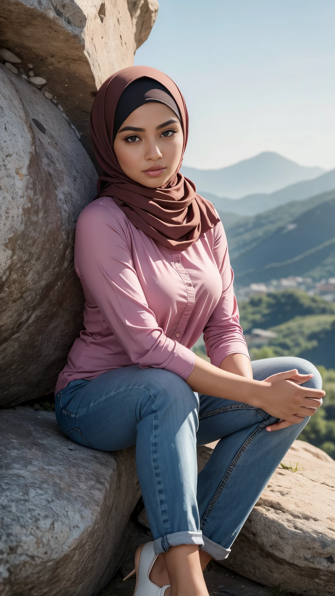 RAW, Best quality, high resolution, masterpiece: 1.3),  beautiful Malay woman in hijab :0.8), beautifull face, perfect fit body, big eyes, glossy lips,big breast, muslim woman sitting on a stone ledge with her arms up, feminim pose, blouse, baggy jeans, casual clothing style, hijab, casual modern clothing,beutifull girls, beutifull face, perfect lighting