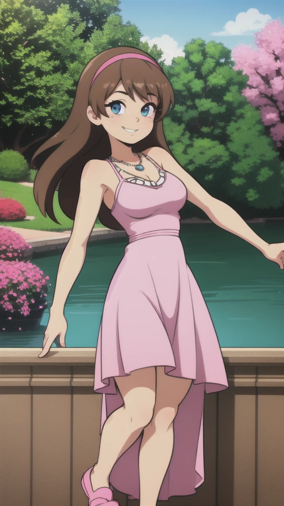 A 17 year old teenager, 1 girl, solo, brown hair, long medium hair, pink Hairband, blue eyes, bare arms, pink maxi dress, little pink dress, golden necklace, smile, cowboy shot, standing at a bridge, pink slippers, intricate details, sharp focus, high resolution, the background of beautiful flower park with trees and canals, beautiful sunny day, anime, masterpiece, very high resolution.