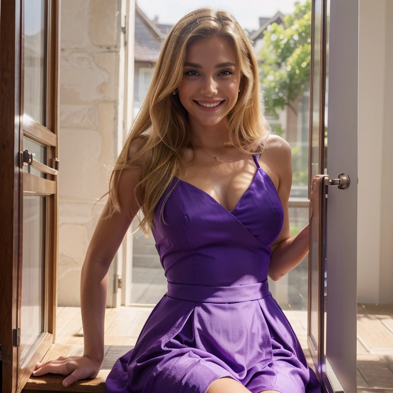 Beautiful woman, beautiful smile, blonde hair, purple dress, open windows, 4k