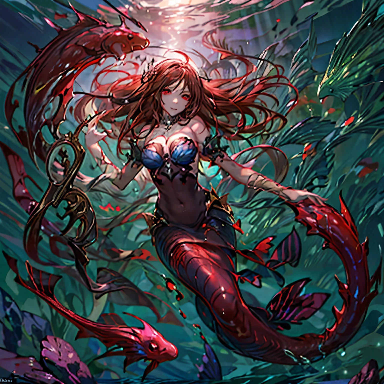 high details, best quality, 16k, [ultra detailed], masterpiece, best quality, (extremely detailed), full body, ultra wide shot, RAW, photorealistic, dark fantasy art, dnd art, rpg art, realistic art, an ultra wide picture of a vampiric mermaid (1.5 intricate details, Masterpiece, best quality) blood mage casting ((blood control spell)), blood wizard ((blood magic, intense magic details)), ((controlling a swirling mass of blood)) underwater, magical symbols GlowingRunes_pink, female vampiric mermaid, pale skin, black hair, long hair, swirling hair, lower body tail fin, intense eyes, red eyes, small (( red eyes)), ((glowing eyes)), wearing sea shell clothing, beautiful dark mermaid, underwater background, rich underwater life, ((magical atmosphere)), fish and sea weeds, high details, best quality, highres, ultra wide angle