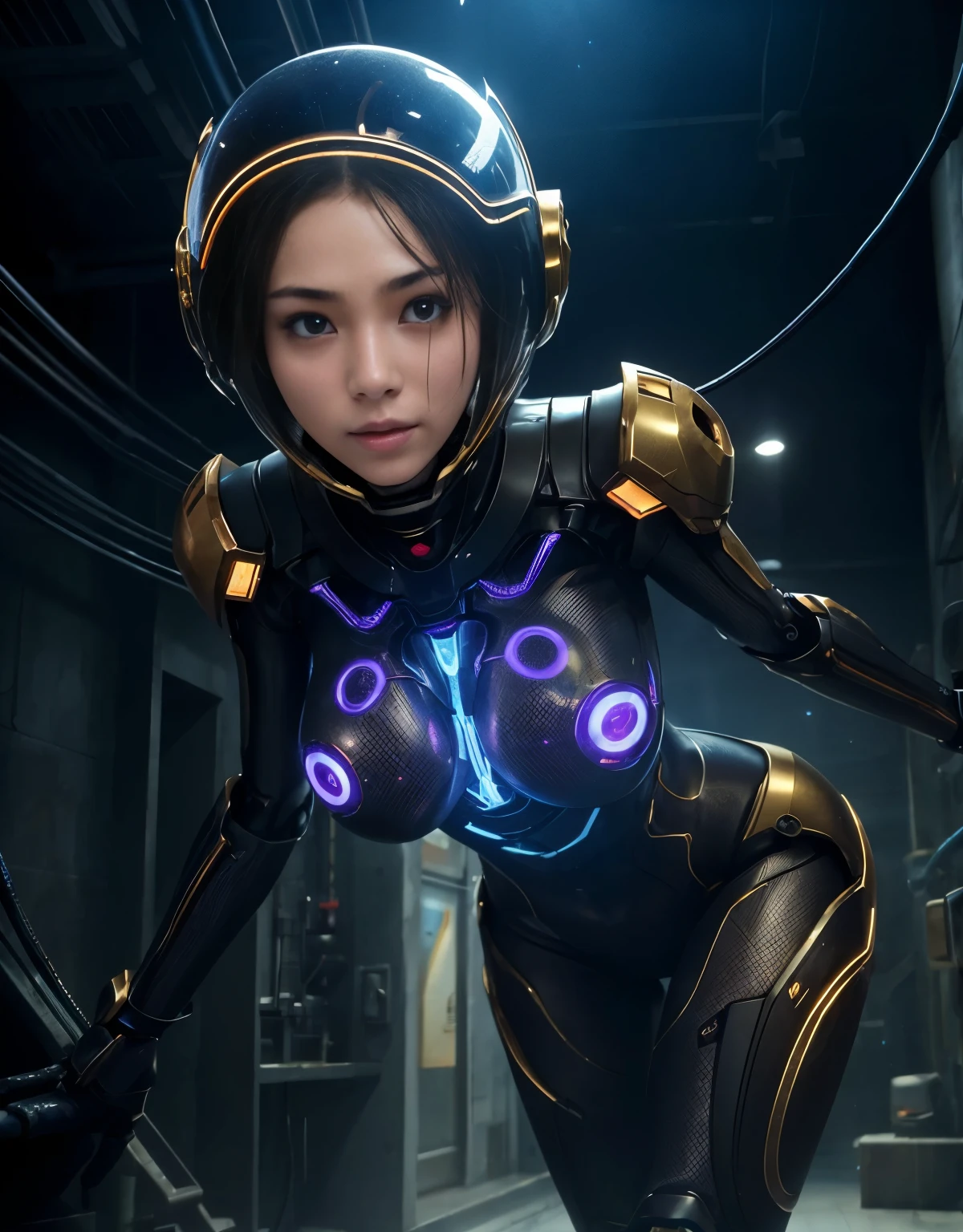 (Background of skimpy mechanical girl and octopus alien)、(Mystical expression)、highest quality、masterpiece、Super high resolution、(Photoreal:1.4)、RAW photo、1 girl、glowing skin、detailed face、(((1 Mechanical Girl)))、Heavy chest、(gold metal bodysuit)、(Natural alien background to fight aliens)、(Small LED)、((Super realistic details))、vertical giant monster background),global illumination、Shadow、octane rendering、24K、super sharp、robotの背景、big breasts、Raw skin exposed in the cleavage、intricate decorative details、Japan details、very intricate details、realistic light、(Mystical expression),CG Society Trenlow Eyes、Eyes shining towards the camera、Mechanical marginal blood vessels connected to neon detail tubes)、(Wires and cables connecting to the head)、Small LED、,mechanical thighs、two stock、(Hands are also made of machines)、robot、future alien、Please wear a mechanical helmet、transparent face guard on helmet、