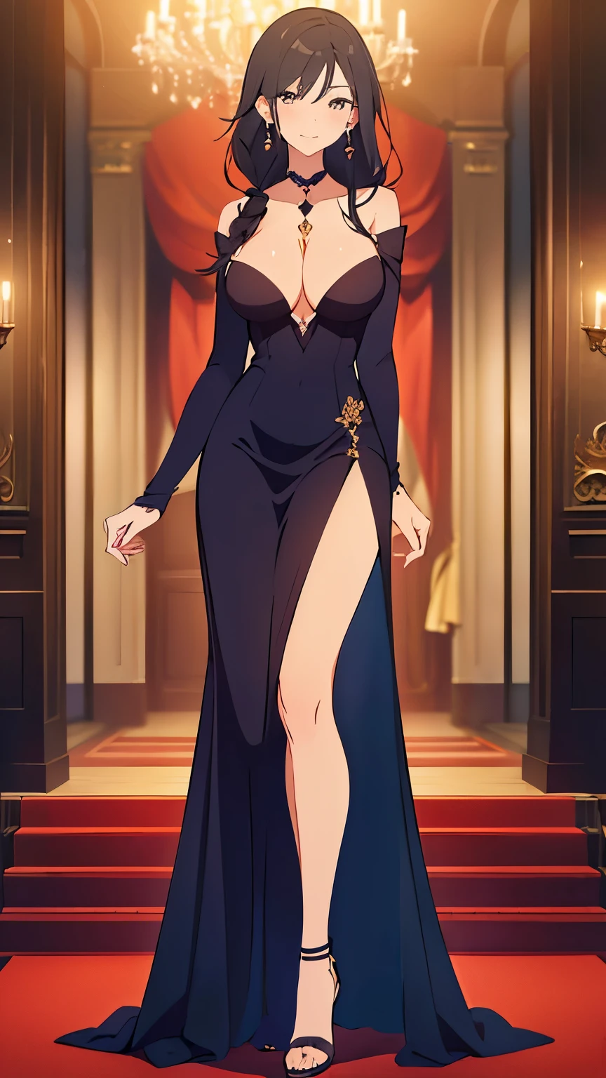 ((highest quality, masterpiece)), big cleavage、(big breasts、skinny dress), looking at the viewer (beautiful feet、stiletto heels、Bewitching atmosphere), (( tied hair), Are standing, earrings, adult,View the entire character