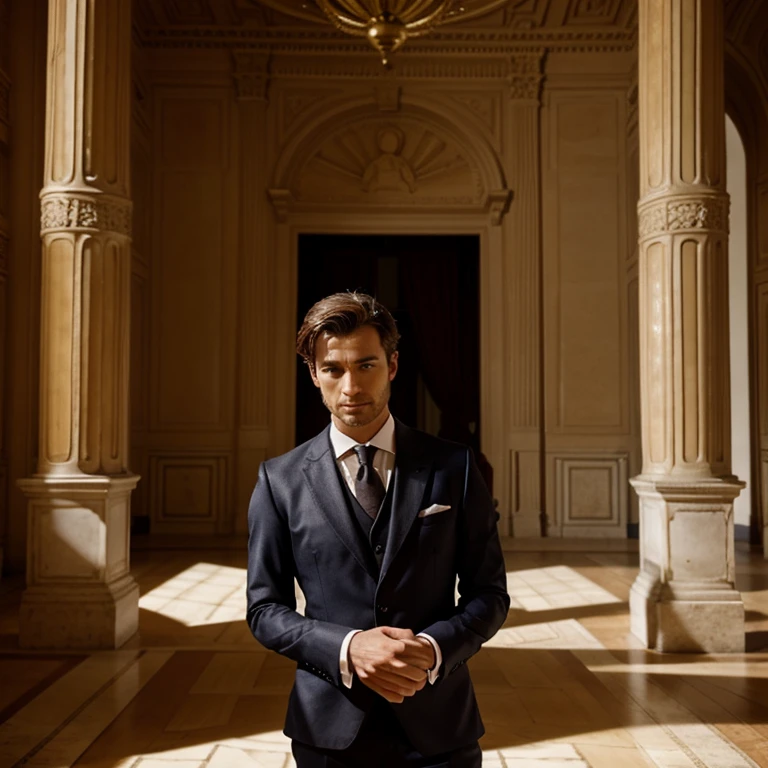 Homme en costume, charmant, dans un palace qui regarde la camera