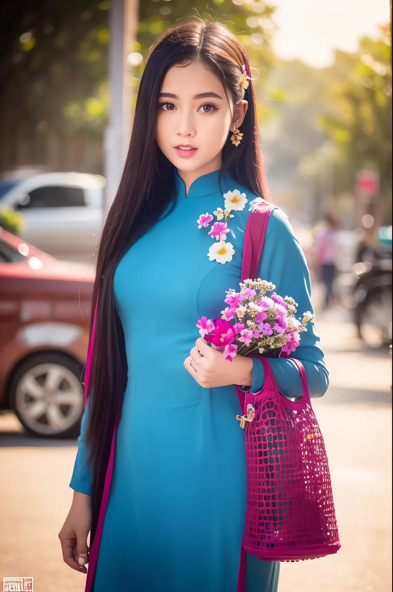 a beautiful girl in vintage colors aodai , masterpiece, best quality, realistic:1.3, street, cyberpunk, holding bundle of adubon flowers, sunlight, backlighting, ((((hdr)))), intricate scene, artstation, intricate details, vignette