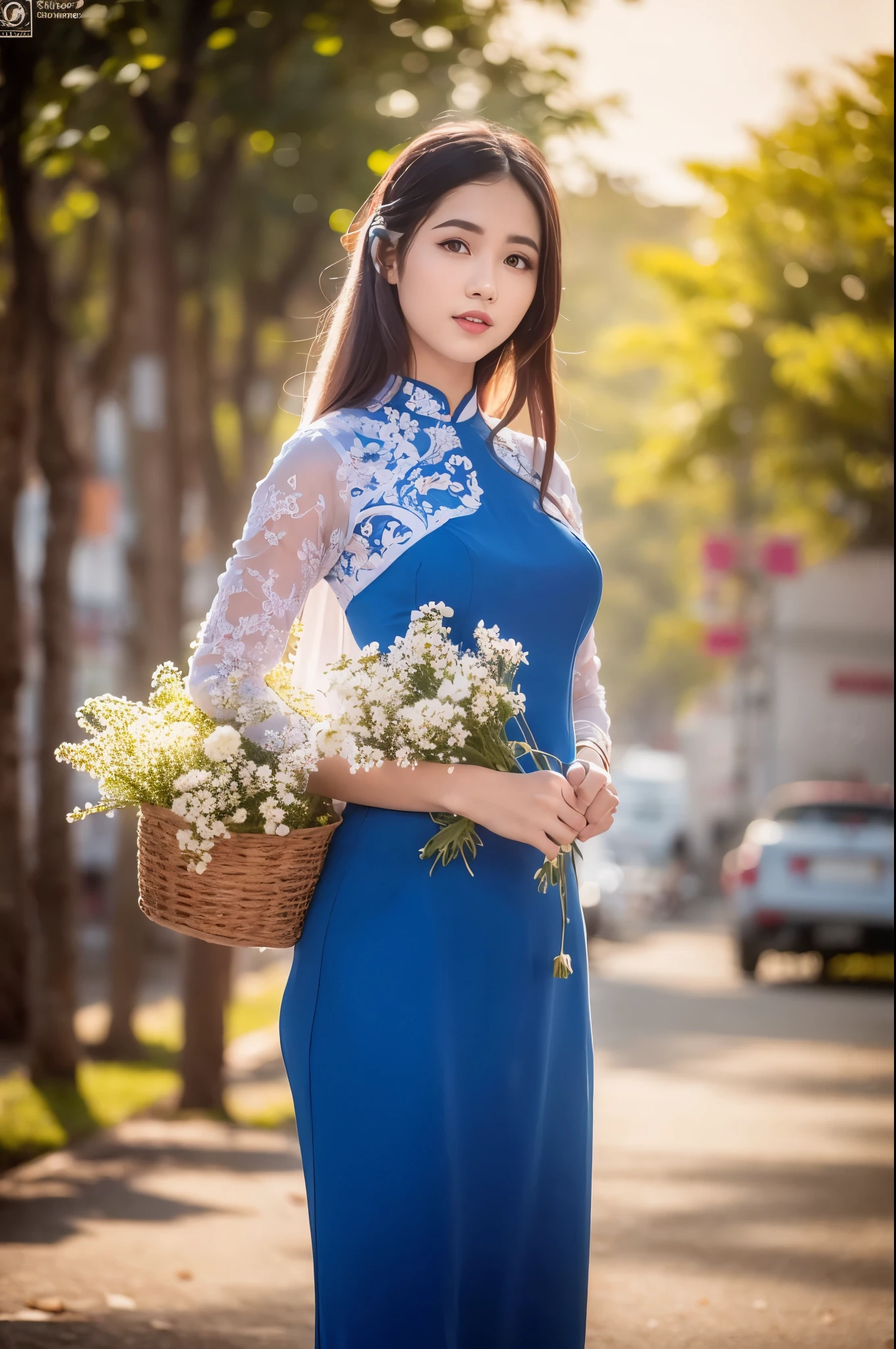 a beautiful girl in vintage colors aodai , masterpiece, best quality, realistic:1.3, street, cyberpunk, holding bundle of adubon flowers, sunlight, backlighting, ((((hdr)))), intricate scene, artstation, intricate details, vignette