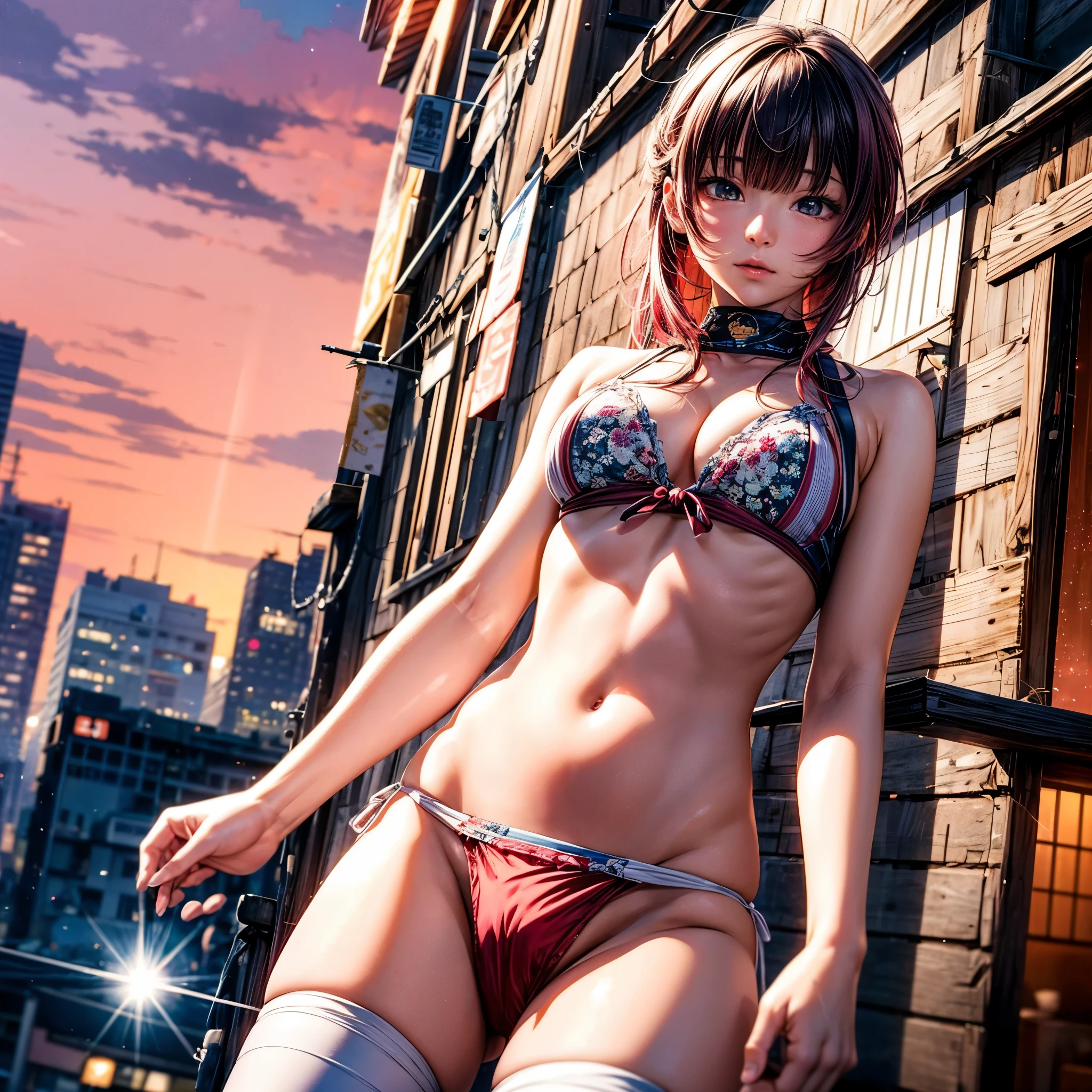 ((NSFW:-0.95)), (((nipple:-0.9))), ((Acutance:0.85)), (from below) . The background is the downtown area at (Twilight:1.4), (((Red-dyed clouds above hed:1.2))), { Skyscrapers Shining in the setting sun | (many colorful Lights:1.2) | (lens flare) | Burning | heyz | luminous Particles | Mystic sight } . (Masterpiece:1.2) of professional Analog photo with Hasselblad open aperture, (((realistic and photorealistic with touch of rawness:1.37))), physically-based 3D rendering with ultra-detailed. (((Hakata Gion Ymakasa, A KAWAII girl in WHITE Fundoshi))), A Number of girls watching .