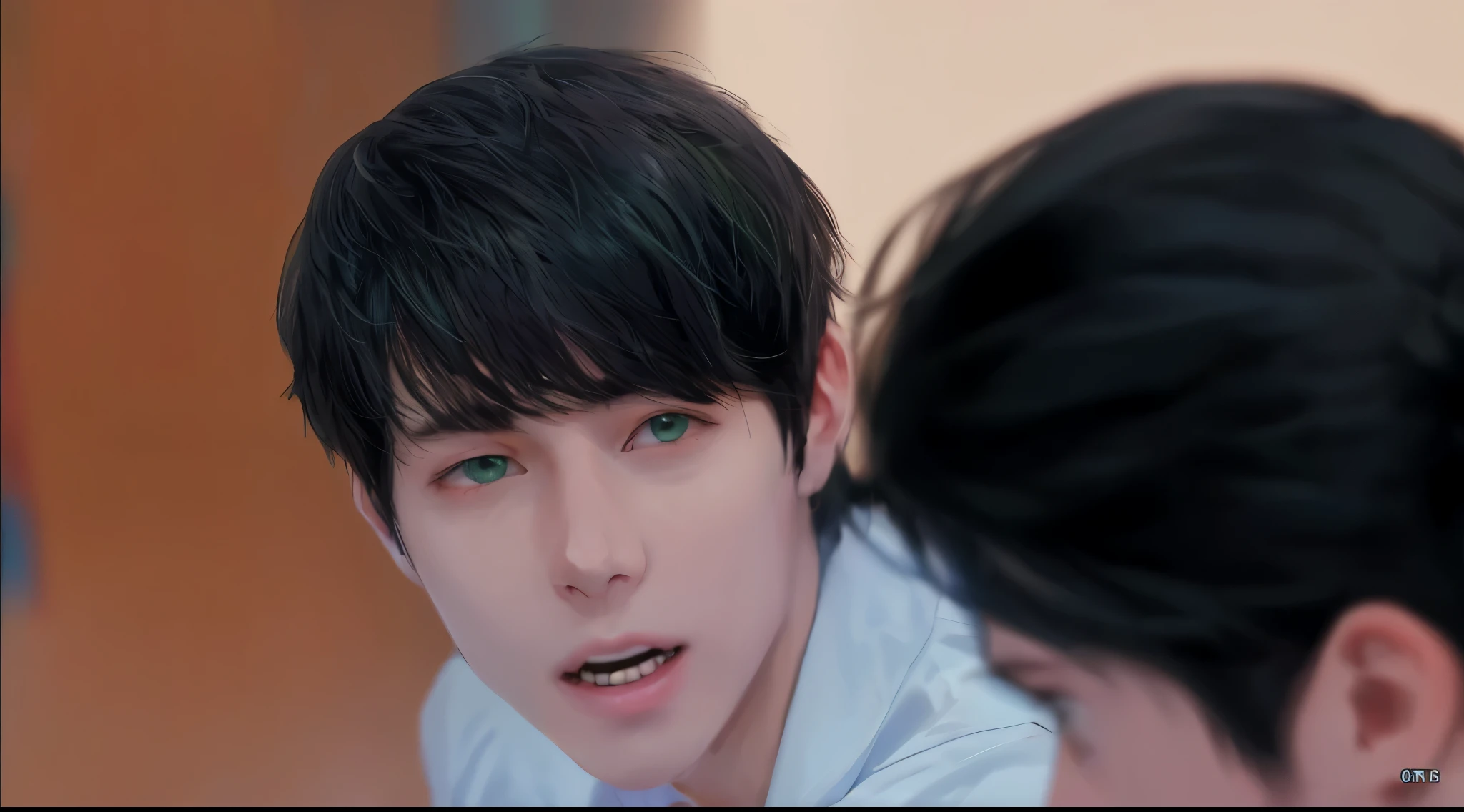 There are two young men of 14 years of age, they have green hair, green eyes, they are talking to their friend who is sitting next to them.
