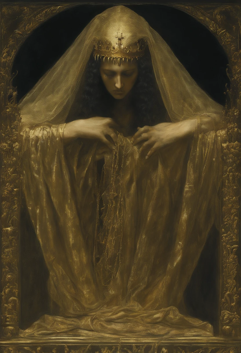 Dark art style:1.6, (masterpiece, top quality, best quality, official art, and aesthetic:1.2), (hyper realistic:1.2), (photo realism:1.2), (dynamic camera angle:1.2), (Gothic Mistress pray:1.0), (Zdzisław Beksiński|Francisco Goya oil painting style:1.4), (Gold details:1.2), (Sacred:1.4), (misticism sigils:1.4), (saint anger:1.2), (erotic see through veil:1.4)| (covering all face), (blood body:1.3), (black sun background:1.2), (alluring pose:1.2), (Sandro Botticelli The Virgin:1.2)|(The Madonna:1.4), (nude:1.4), (big teardrop breasts:1.4), (Sinner:1.4, gold spikes crown:1.4), (witchery 1.4), (highly detailed glowing scarlet eyes:1.2)