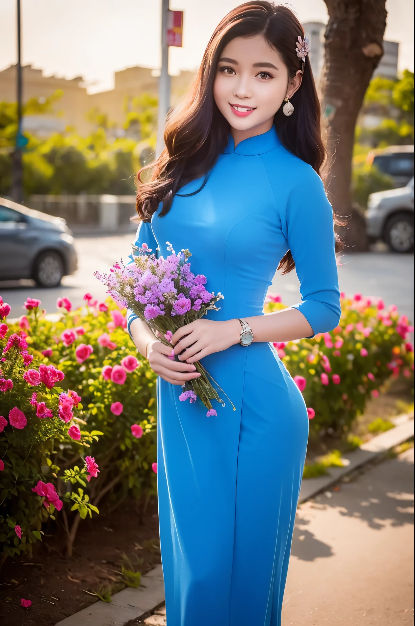 a beautiful girl in vintage colors aodai , masterpiece, best quality, realistic:1.3, street, cyberpunk, holding bundle of adubon flowers, sunlight, backlighting, ((((hdr)))), intricate scene, artstation, intricate details, vignette