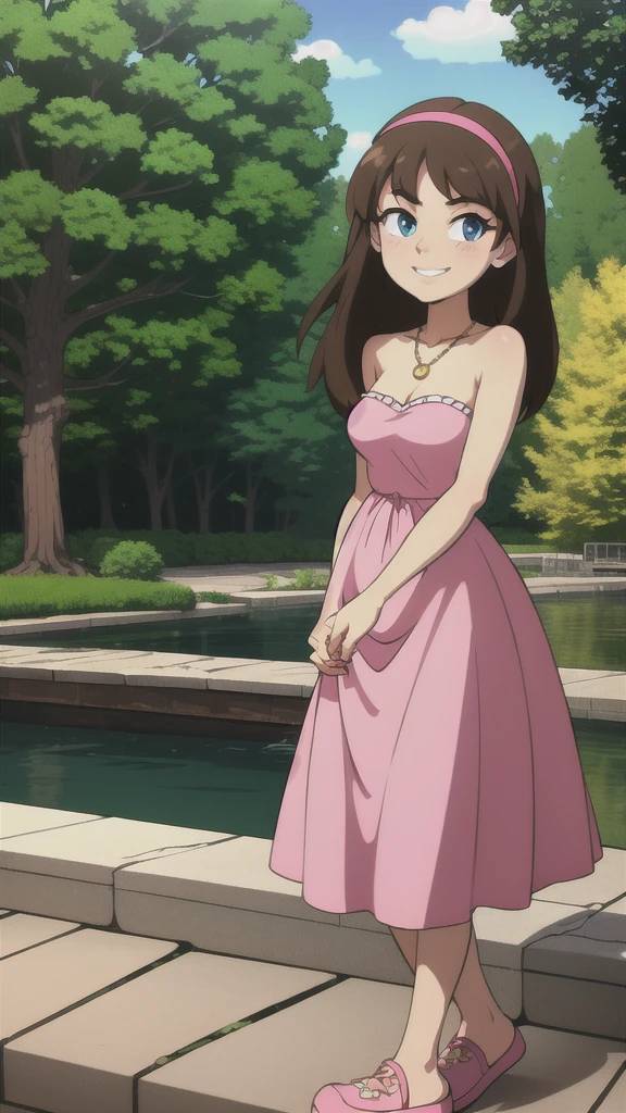 A 17 year old teenager, 1 girl, solo, brown hair, long medium hair, pink Hairband, blue eyes, bare arms, pink maxi dress, little pink dress, golden necklace, smile, cowboy shot, standing at a bridge, pink slippers, intricate details, sharp focus, high resolution, the background of beautiful flower park with trees and canals, beautiful sunny day, anime, masterpiece, very high resolution.