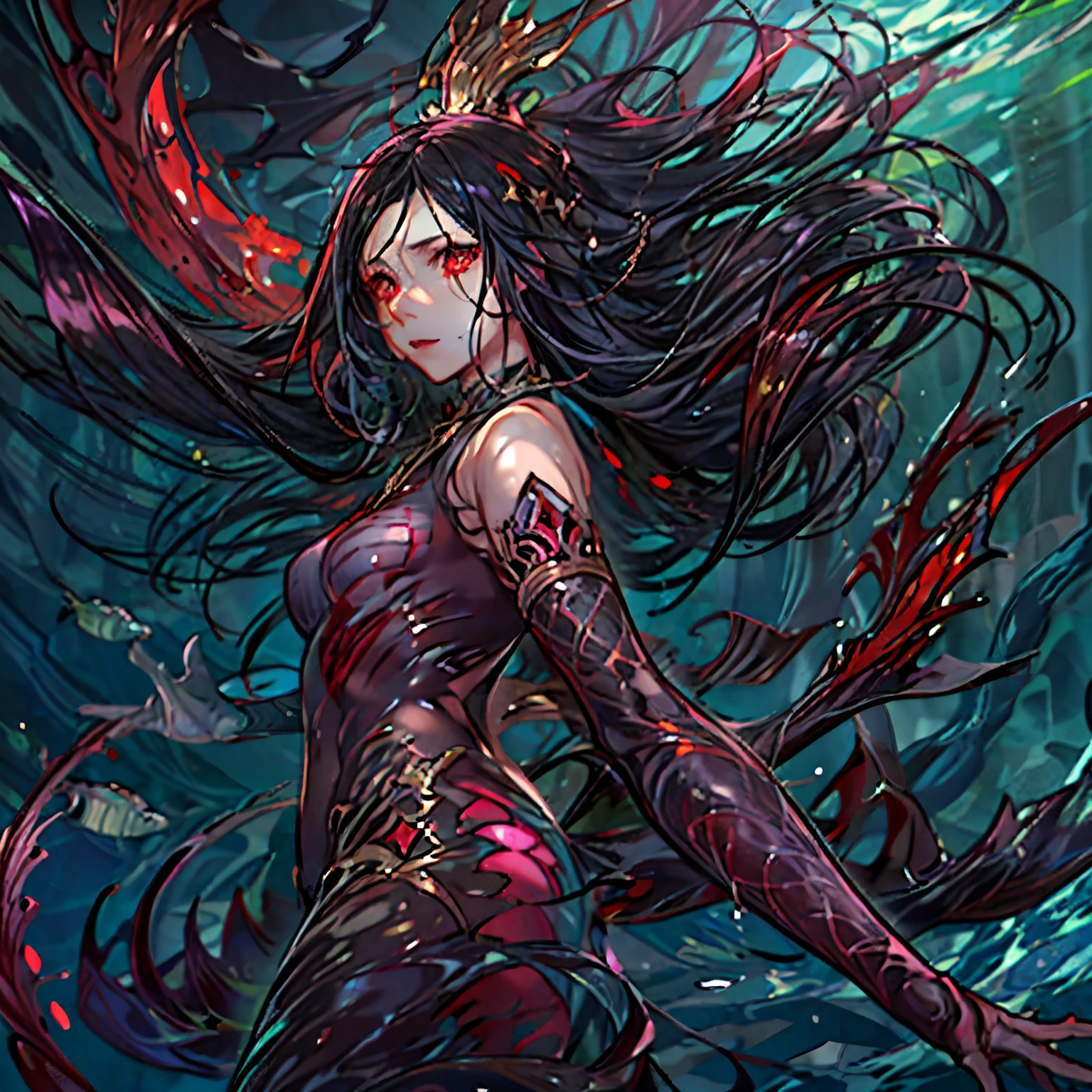 high details, best quality, 16k, [ultra detailed], masterpiece, best quality, (extremely detailed), full body, ultra wide shot, RAW, photorealistic, dark fantasy art, dnd art, rpg art, realistic art, an ultra wide picture of a vampiric mermaid (1.5 intricate details, Masterpiece, best quality) blood mage casting ((blood control spell)), blood wizard ((blood magic, intense magic details)), ((controlling a swirling mass of blood)) underwater, magical symbols GlowingRunes_pink, female vampiric mermaid, pale skin, black hair, long hair, swirling hair, lower body tail fin, intense eyes, red eyes, small (( red eyes)), ((glowing eyes)), wearing sea shell clothing, beautiful dark mermaid, underwater background, rich underwater life, ((magical atmosphere)), fish and sea weeds, high details, best quality, highres, ultra wide angle