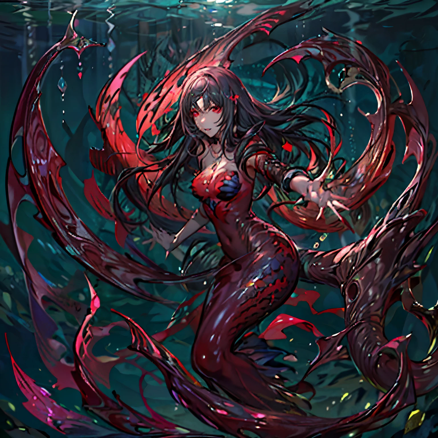 high details, best quality, 16k, [ultra detailed], masterpiece, best quality, (extremely detailed), full body, ultra wide shot, RAW, photorealistic, dark fantasy art, dnd art, rpg art, realistic art, an ultra wide picture of a vampiric mermaid (1.5 intricate details, Masterpiece, best quality) blood mage casting ((blood control spell)), blood wizard ((blood magic, intense magic details)), ((controlling a swirling mass of blood)) underwater, magical symbols GlowingRunes_pink, female vampiric mermaid, pale skin, black hair, long hair, swirling hair, lower body tail fin, intense eyes, red eyes, small (( red eyes)), ((glowing eyes)), wearing sea shell clothing, beautiful dark mermaid, underwater background, rich underwater life, ((magical atmosphere)), fish and sea weeds, high details, best quality, highres, ultra wide angle