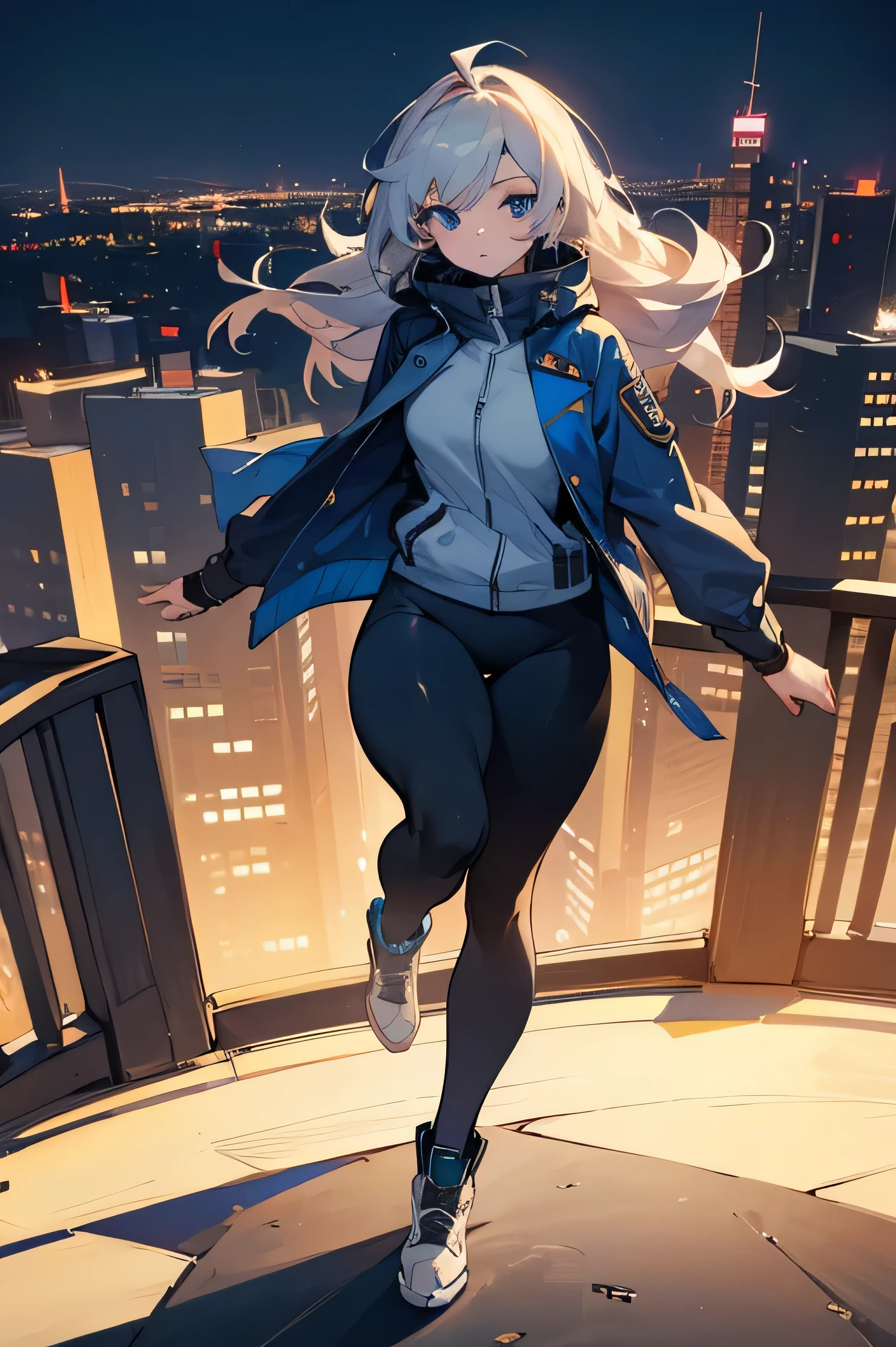(masterpiece:1.2, best quality), city, 1 lady, jacket, Leggings, blue eyes, full body, thick thighs, 8k, high res
