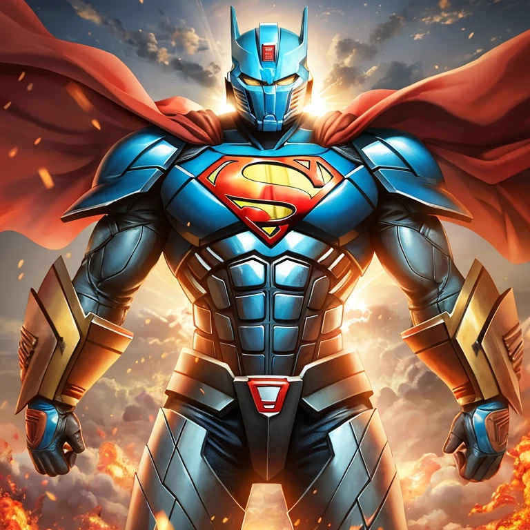 a close up of a superman standing in front of a fire, transformers cinematic universe, wojtek fus, hq 4k wallpaper, transformers : the last knight, in the movie transformers, thertrevkaiser, dwayne johnson as superman, artstation masterpiece, super robot, goku fused with optimus prime, japanese dc live-action movie, hd wallpaper, inspired by Zack Snyder