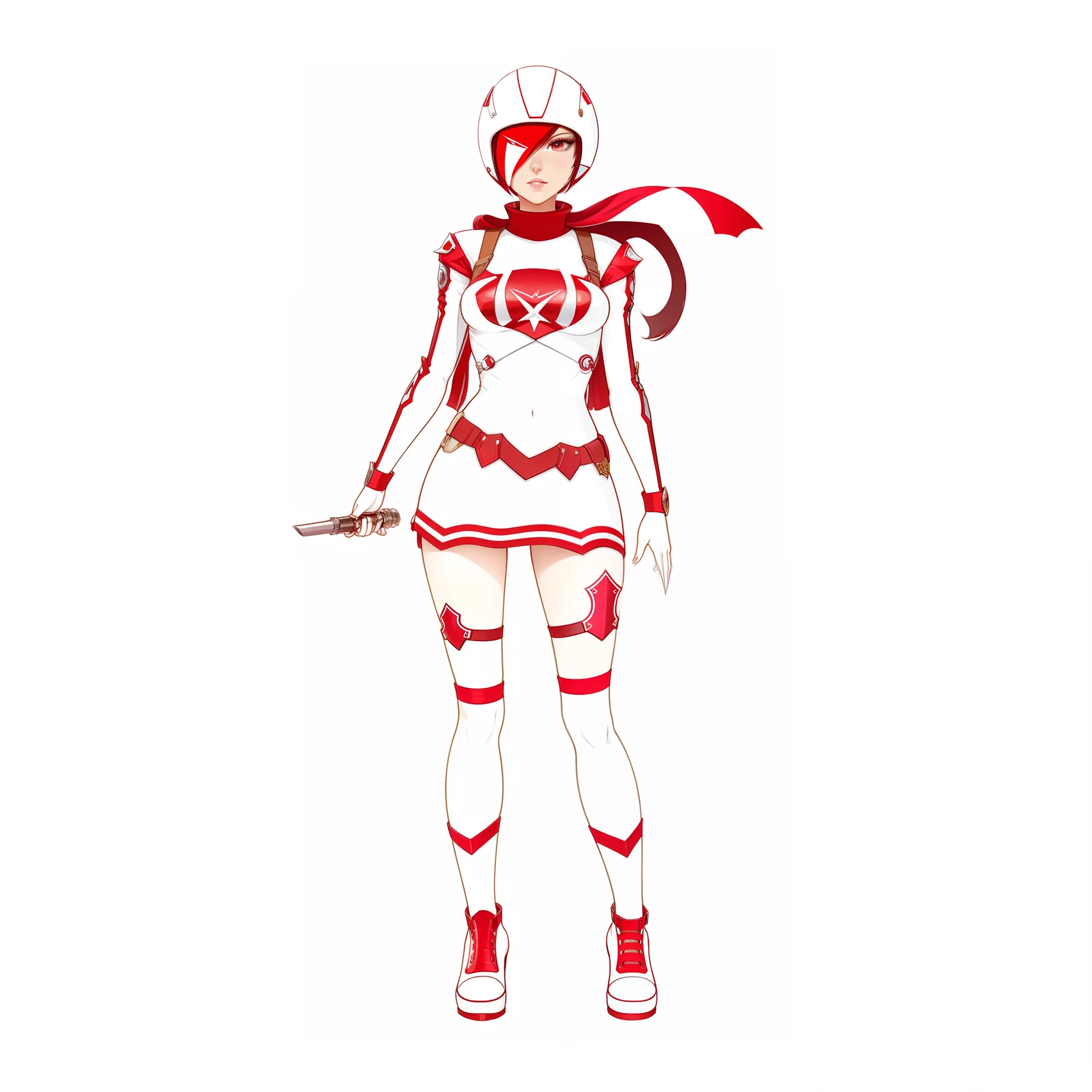 um desenho de uma mulher com uma roupa vermelha e branca, novo design de conceito de fantasia, desenhado como o speed racer do anime, clear design de roupa, figurino, conceito de corpo inteiro, corpo inteiro com fantasia, design de roupa, design de personagens, kill la kill illustration, design de personagens de corpo inteiro, armadura branca e vermelha, humanoid character design, barbie de anime de branco