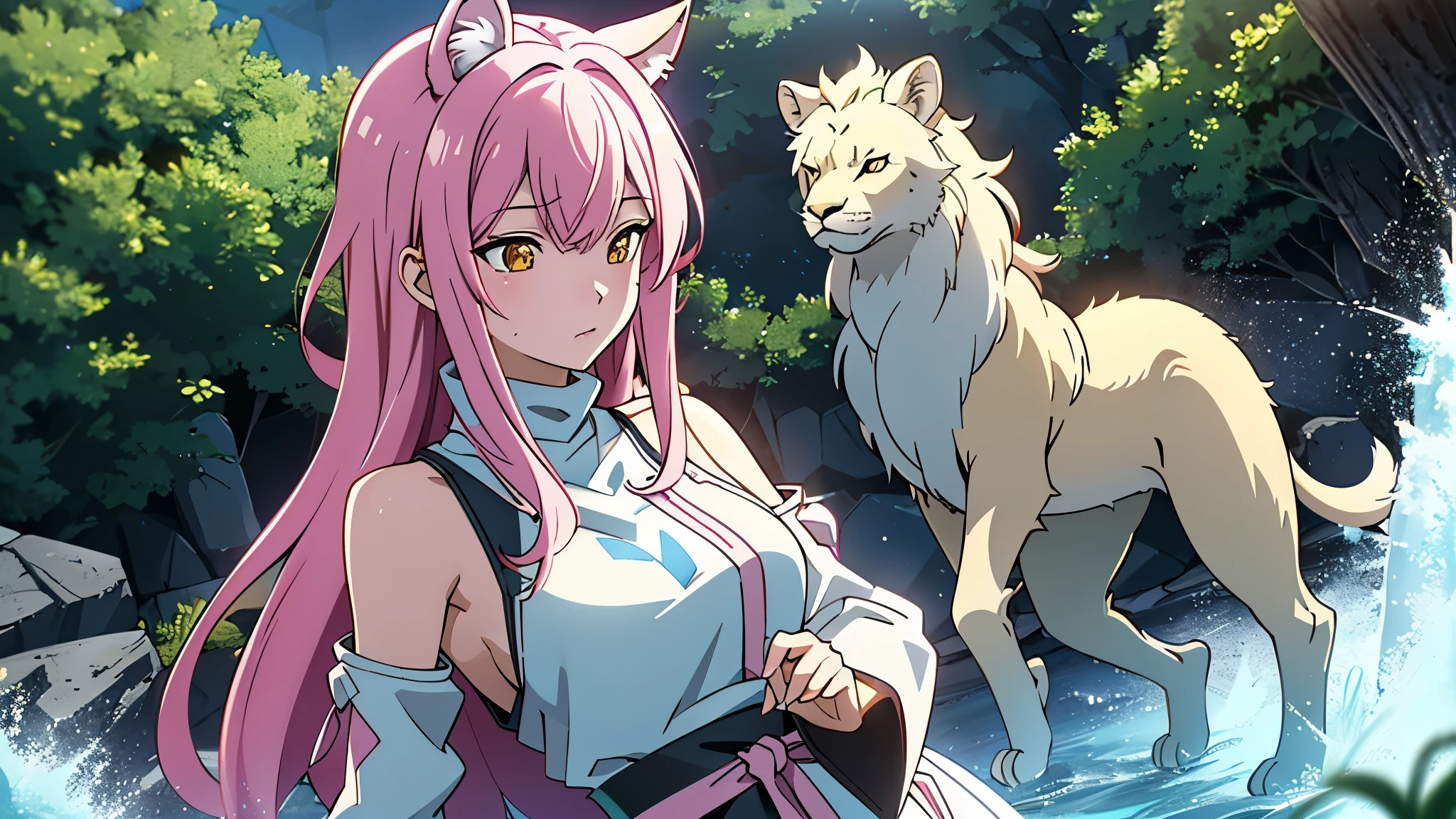 Leona,leona, yellow eyes, fox ears, long Pink hair, white dress, short dress, sleeveless, sideboob, detached sleeves, shorts, belt, grass field, Zoo, White Lion Animal , Lion Cub, Pink Fox Ear, ((Best quality)), ((masterpiece)), 3D, HDR (High Dynamic Range),Ray Tracing, NVIDIA RTX, Super-Resolution, Unreal 5,Subsurface scattering, PBR Texturing, Post-processing, Anisotropic Filtering, Depth-of-field, Maximum clarity and sharpness, Multi-layered textures, Albedo and Specular maps, Surface shading, Accurate simulation of light-material interaction, Perfect proportions, Octane Render, Two-tone lighting, Wide aperture, Low ISO, White balance, Rule of thirds,8K RAW, Aura, masterpiece, best quality, Mysterious expression, magical effects like sparkles or energy, flowing robes or enchanting attire, mechanic creatures or mystical background, rim lighting, side lighting, cinematic light, ultra high res, 8k uhd, film grain, best shadow, delicate, RAW, light particles, detailed skin texture, detailed cloth texture, beautiful face, (masterpiece), best quality, expressive eyes, perfect face,nikkeredhood,hair over one eye,marian,yuzuriha,momo_burlesque