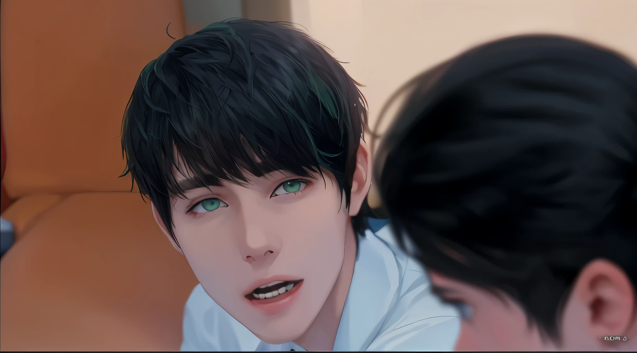 There are two young men of 14 years of age, they have green hair, green eyes, they are talking to their friend who is sitting next to them.