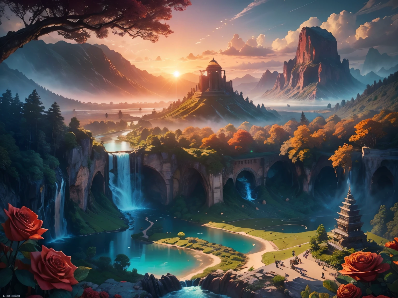 There is a large waterfall in the middle of a mountain, ((ancient city embedded in rock)), epic matte painting of an island, the lost city in the jungle, an Aztec city on an island lake, intricate and beautiful concept art, highly realistic concept art oil painting style, (((masterpiece))), high quality, extremely detailed CG unity 8k wallpaper, landscapes, outdoors, sky, cloud, nobody, mountain, landscape, water, tree, sunset sky with red and orange clouds, cliff waterfall, nature, lake, river, cloudy sky, award-winning photography, bokeh, depth of field, HDR, bloom, chromatic aberration, trending on artstation, trending on CGsociety, intricate, dramatic, midway art , high waterfall, painting of a river with rocks and trees in the foreground, near a river, jungle, crystal clear water, night light, evening sun behind red clouds with divergent sun rays, colorful, river with rocks, rock bridge , epic, fantasy, ((roses and flowers on the banks of the pond)), ((oil painting)), ((bridge rock))