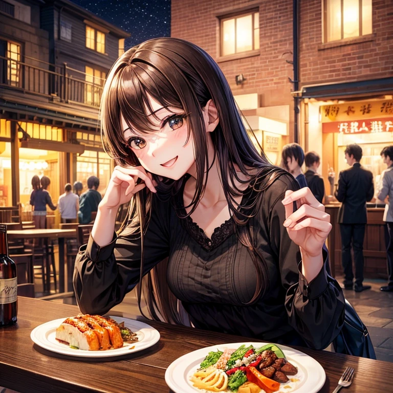 anime、beautiful girl、brown hair、black eyes shine、bridge、night、light up、happy face、restaurant、meal、adult、tall