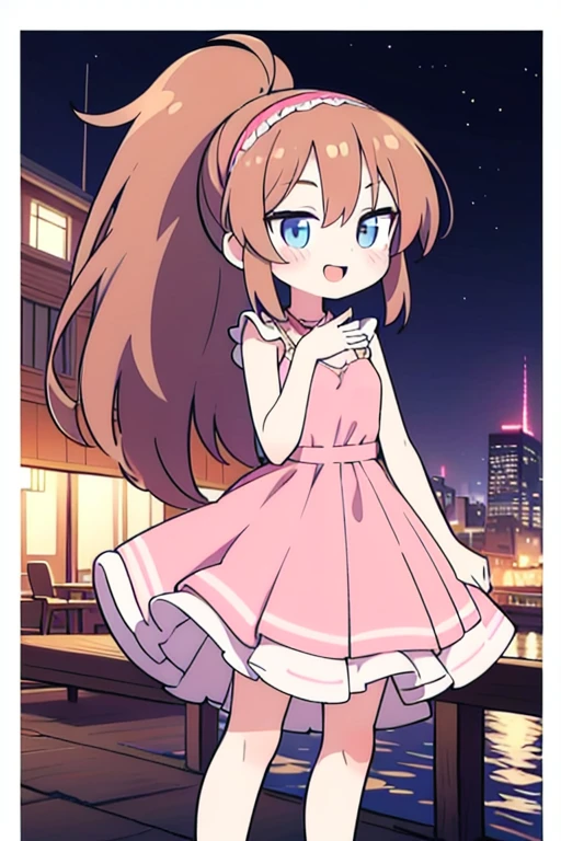 A 17 year old teenager, 1 girl, solo, brown hair, ponytail, pink Hairband, blue eyes, bare arms, pink maxi dress, little pink dress, golden necklace, smile, cowboy shot, hands crossed, hammer in her right hand, standing at a bridge, pink slippers, intricate details, sharp focus, high resolution, the background at a boat yacht at night, anime, masterpiece, very high resolution.