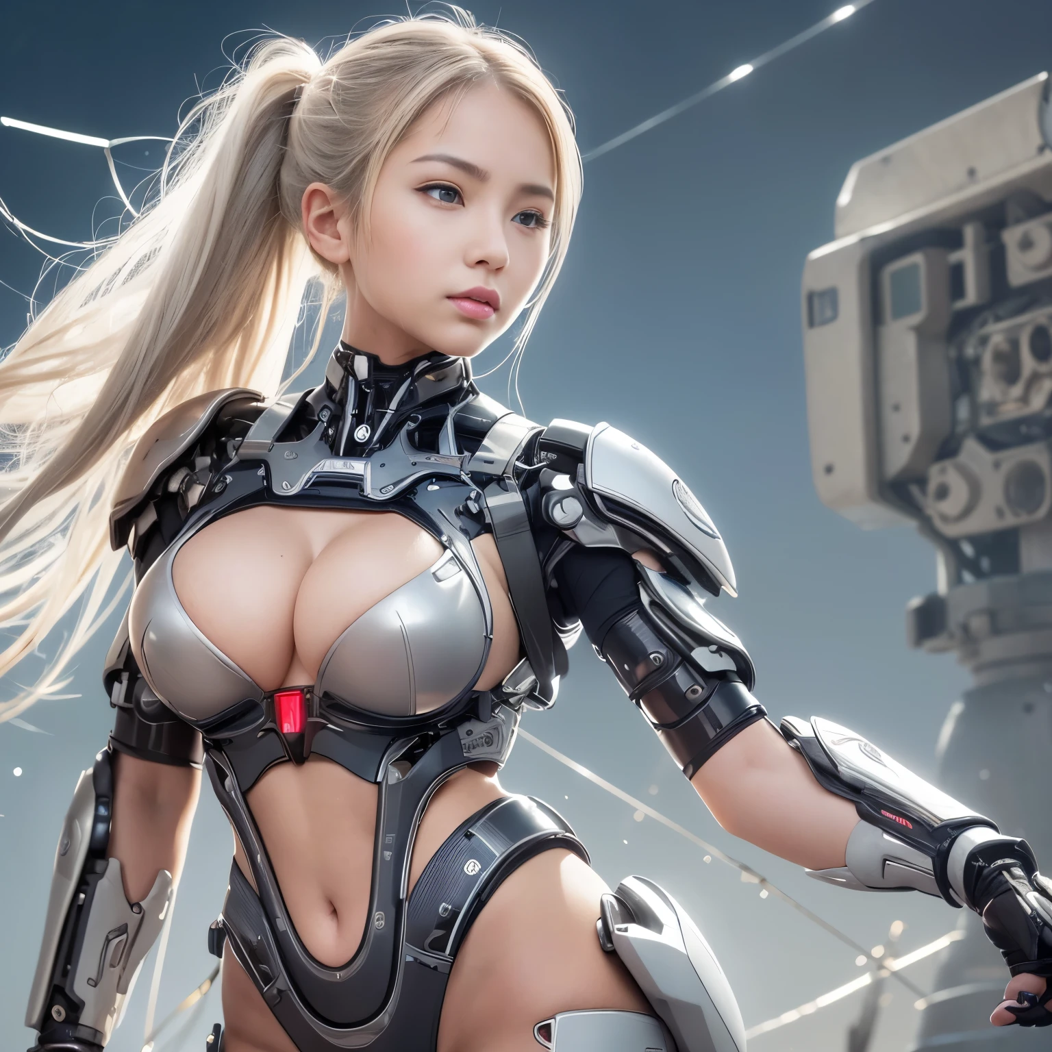 beautiful face,Facing Japan, 1 female, big, Curvaceous, (16k, RAW photo, highest quality, masterpiece: 1.2), (HDR, realistic, realistic: 1.37) (Tube attached to the body), (Bikini Cyborg Robot Parts)))), (light gray hair), long hair, wavy hair, twin tails, medium shot, ( enchanting smile)), (black eye), double eyelid, princess cut, from below, (whole body),take a pose,,In the laboratory,( Mechanical vertebrae attached to the back with tubes connected to blood vessels)),((Mechanical neck attached to the neck)),(Wires and cables mounted on the head and body),(character focus),,perfect woman image,完璧なanatomy, anatomy, whole bodyショット, Up to four fingers to one thumb relationship, spherical joint,