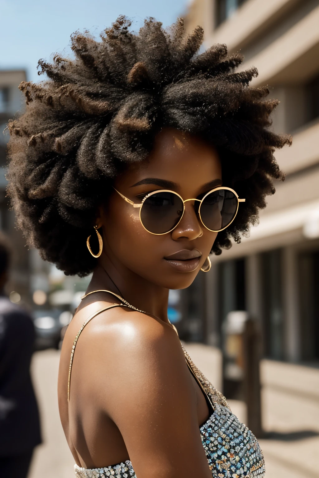 Create an image of a fashionable woman with an afro hairstyle, radiating confidence and allure as she dons round sunglasses with reflective lenses. Her pose is bold and captivating, framed against the backdrop of a urban textures that exude a trendy city vibe. With a sassy tilt of her head, she gazes directly at the viewer, her large, dark, expressive eyes sparkling beneath the shades. Her skin glows with radiance, adding to her aura of self-assured elegance. The vibrant, eye-catching afro hairstyle crowns her head, cascading in soft, billowy curls that sh