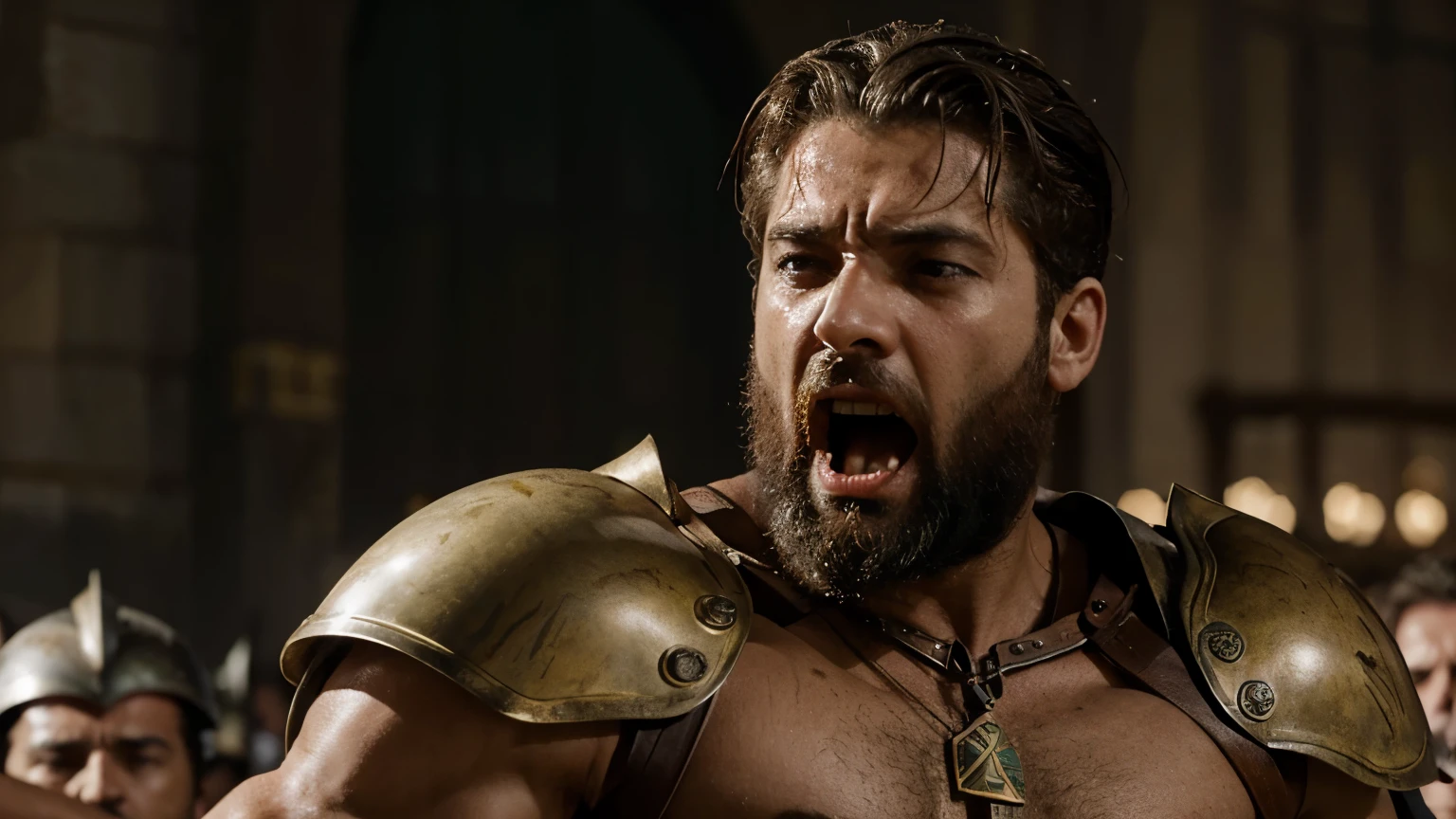 creame una imagen de estilo hiperrealista del espartano Leonidas haciendo un grito de guerra