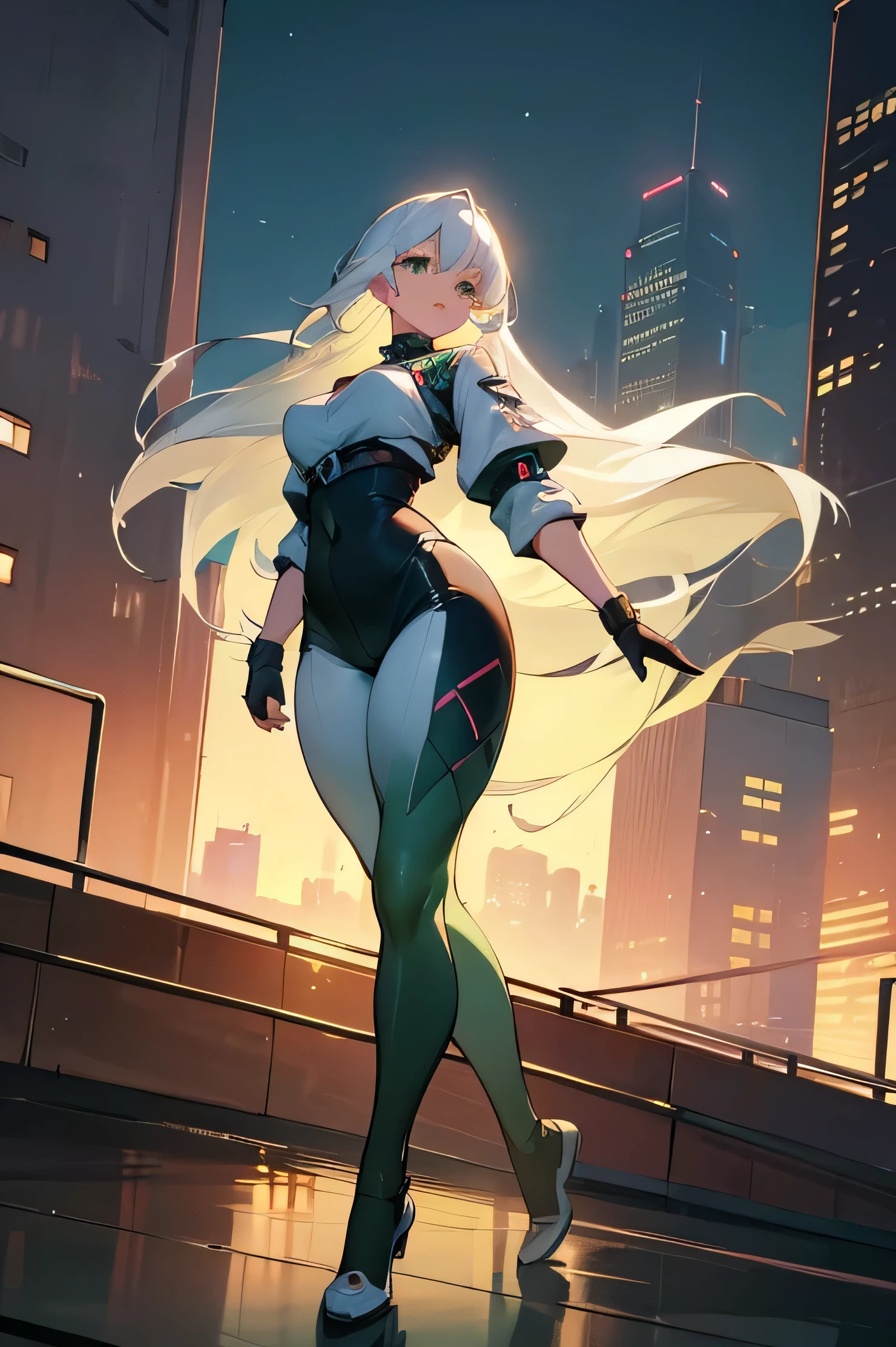 masterpiece, best quality, 1girl, grey hair, (shoulder-length hair, wavy hair, black hairband), auburn eyes, beautiful detailed eyes, beautiful detailed face, cute face, perfect hands, complete fingers, perfect anatomy, perfect proportions, stoic, professional, ninja, (black leotard, bare legs), black tactical gloves, gold bracelets, black thigh-high boots, cityscape, night, noir atmosphere. ((she spins at an incredible speed, creating a whirlwind of air around her, spiral lines, wind around her)).