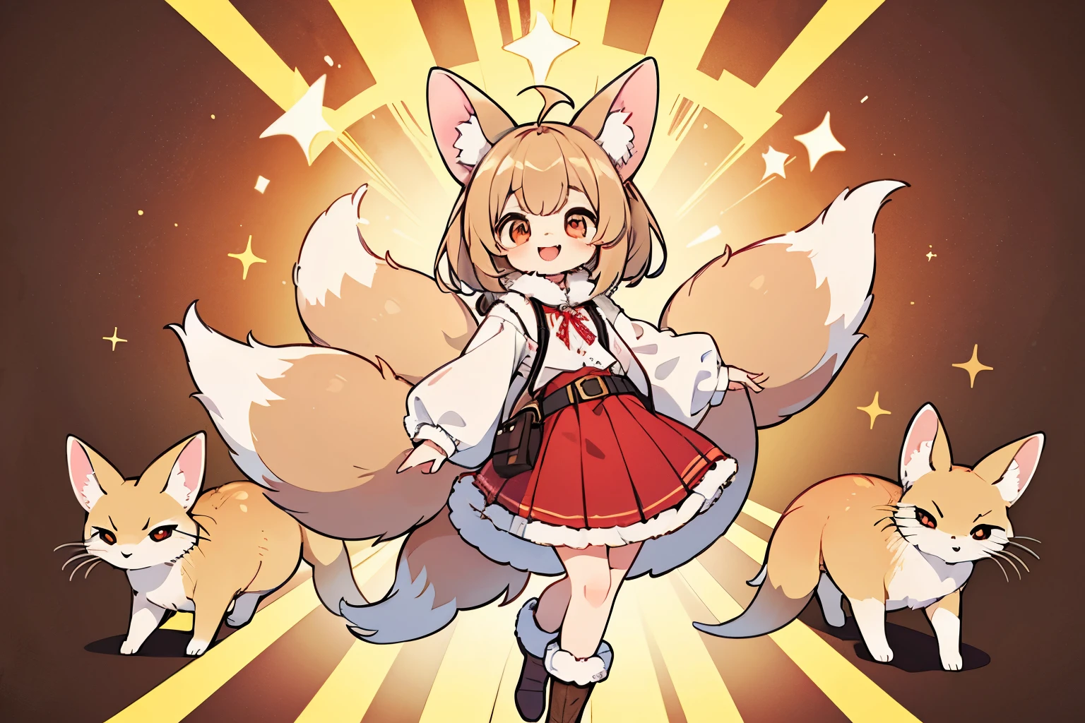 (Solo, young, anthro, fennec fox, small hair, small ahoge, light brown hair, small snout, flat chest, 2 tails, fox tail, 3 feet 1 inches of height, little thighs, ((long fur, yellow fur)), round head, round chin, small fangs and big red eyes) wearing (brown collar, pink blouse, red skirt, long skirt, leather belt, brown boots), standing, greeting, smile, by dagasi, by diives