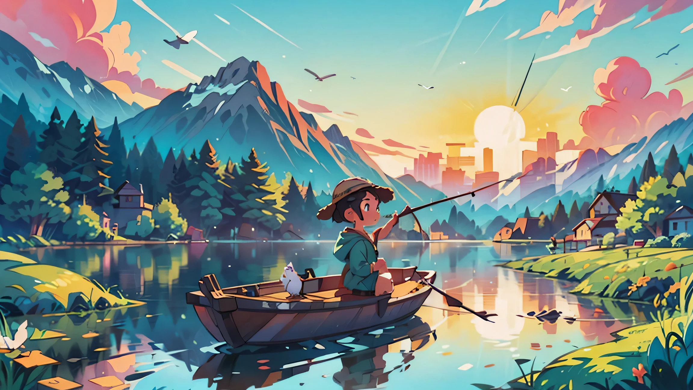 picturesque lake，Surrounded by mountains, As the sun sets, a group of birds flying across the sky, and a fisherman wearing a straw raincoat fishing from a small boat. masterpiece, best quality, 4K, nature, landscape, Sunset, birds, fisherman, Detailed environment, detailed characters, peaceful atmosphere, reflection, Calm water, beautiful lights.