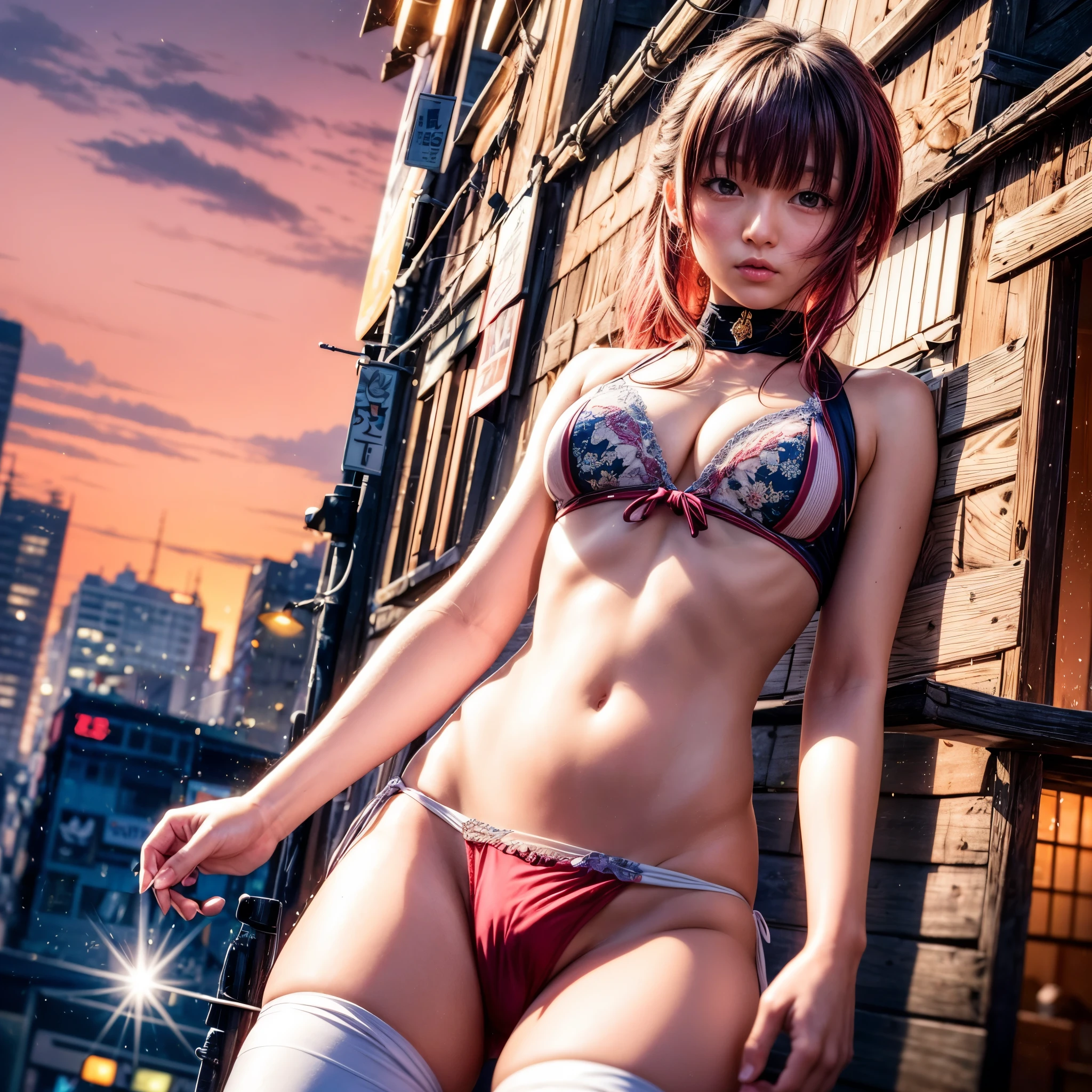 ((:-0.95)), (((nipple:-0.9))), ((Acutance:0.85)), (from below) . The background is the downtown area at (Twilight:1.4), (((Red-dyed clouds above hed:1.2))), { Skyscrapers Shining in the setting sun | (many colorful Lights:1.2) | (lens flare) | Burning | heyz | luminous Particles | Mystic sight } . (Masterpiece:1.2) of professional Analog photo with Hasselblad open aperture, (((realistic and photorealistic with touch of rawness:1.37))), physically-based 3D rendering with ultra-detailed. (((Hakata Gion Ymakasa, A KAWAII girl in WHITE Fundoshi))), A Number of girls watching .