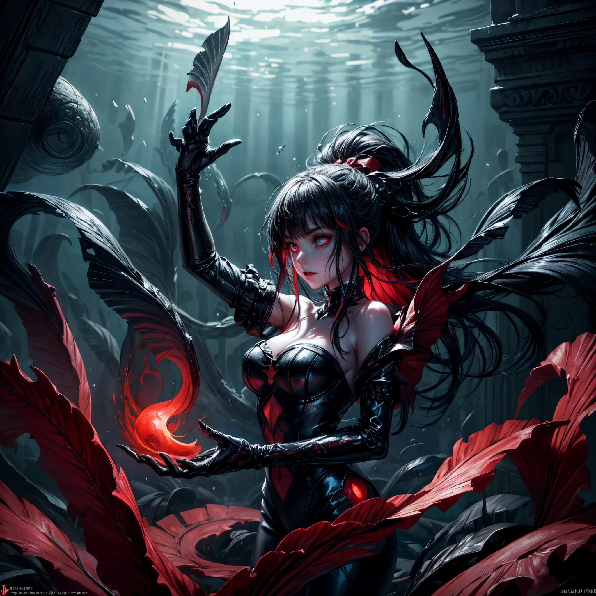 high details, best quality, 16k, [ultra detailed], masterpiece, best quality, (extremely detailed), full body, ultra wide shot, RAW, photorealistic, dark fantasy art, dnd art, rpg art, realistic art, an ultra wide picture of a vampiric mermaid (1.5 intricate details, Masterpiece, best quality) blood mage casting ((blood control spell)), blood wizard ((blood magic, intense magic details)), ((controlling a swirling mass of blood)) underwater, magical symbols GlowingRunes_pink, female vampiric mermaid, pale skin, black hair, long hair, swirling hair, lower body tail fin, intense eyes, red eyes, small (( red eyes)), ((glowing eyes)), wearing sea shell clothing, beautiful dark mermaid, underwater background, rich underwater life, ((magical atmosphere)), fish and sea weeds, high details, best quality, highres, ultra wide angle