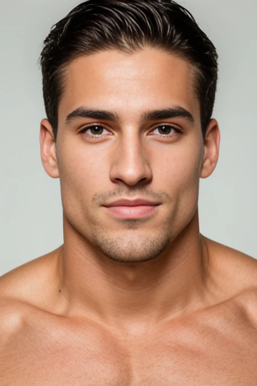 A close-up of a man with a very pretty chiseled jaw and chest.., Big biceps, Modelo de cara perfecta, with symmetrical facial features, Rasgos faciales atractivos, cara perfecta, cara impecable, rasgos faciales perfectos, Perfect symmetrical cleansing of the face, Rostro ricamente definido, Clean and beautiful symmetrical face, 20 years, Attractive symmetrical face, cara y ojos perfectos de color azul. pelo rubio oscuro