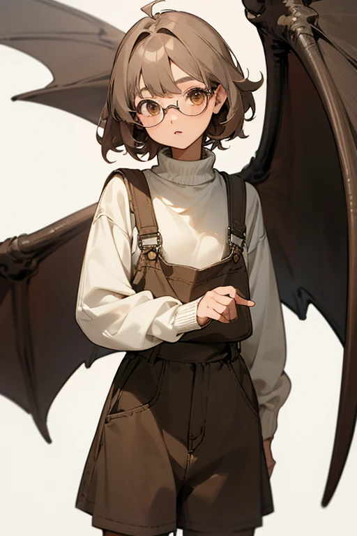girl,light skin,brown short messy hair,dark skirt with long sleeves made of knitting
,brown overalls,big silver dragon wings,white eyes,chubby body,14 years old,glasses as her kneckle