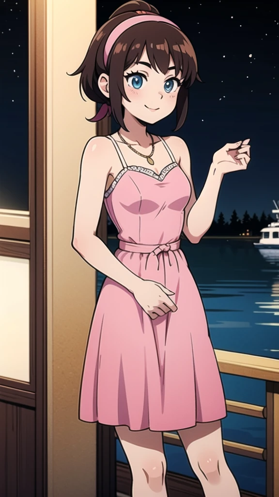 A 17 year old teenager, 1 girl, solo, brown hair, ponytail, pink Hairband, blue eyes, bare arms, pink maxi dress, little pink dress, golden necklace, smile, cowboy shot, hands crossed, hammer in her right hand, standing at a bridge, pink slippers, intricate details, sharp focus, high resolution, the background at a boat yacht at night, anime, masterpiece, very high resolution.