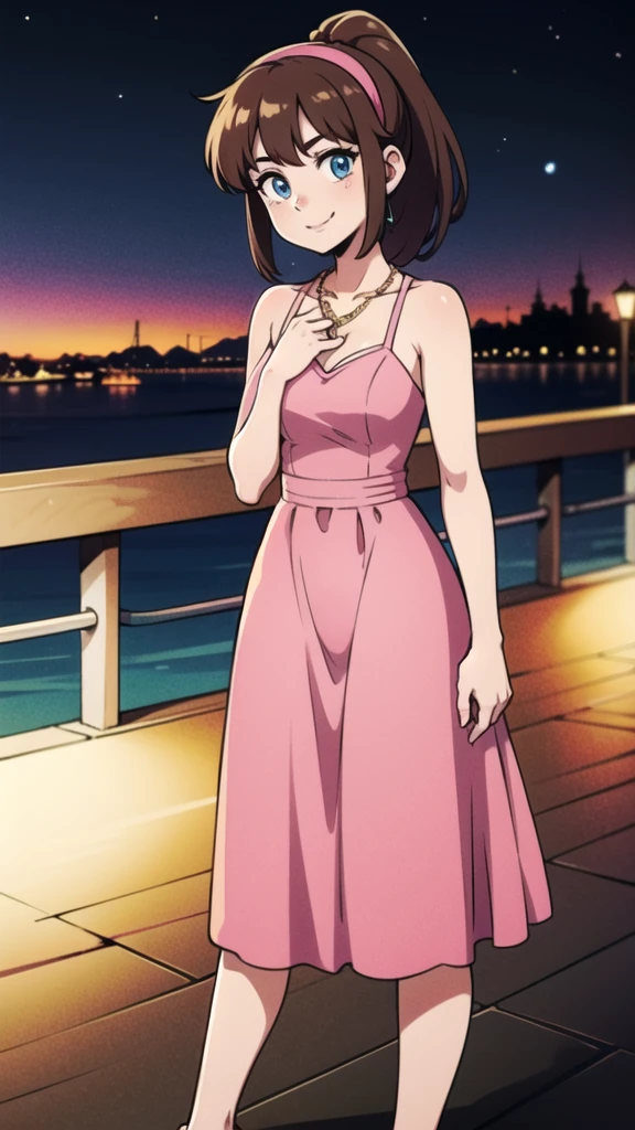 A , 1 girl, solo, brown hair, ponytail, pink Hairband, blue eyes, bare arms, pink maxi dress, little pink dress, golden necklace, smile, cowboy shot, hands crossed, hammer in her right hand, standing at a bridge, pink slippers, intricate details, sharp focus, high resolution, the background at a boat yacht at night, anime, masterpiece, very high resolution.