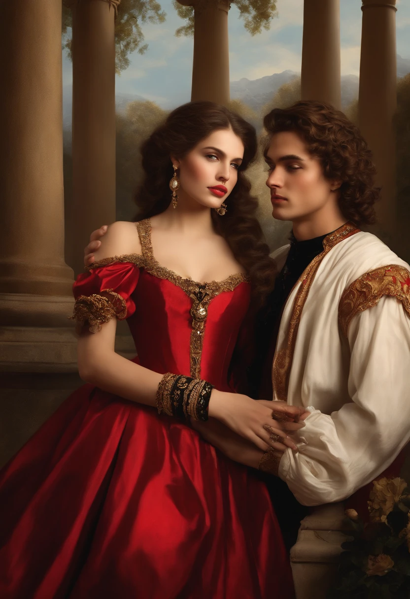 ​((Baroque style painting of a beautiful couple)) earrings and bracelets, beautiful and sensual young people, lascivious and mischievous face, dressed in red, black and gold clothes in the style of the Victorian era, clean eyes, sexy and shapely mouth, long, silky hair falling over her shoulders, ((looking at the camera)), ((Hugging each other in a garden with flowers and Greek columns)). baroque painting